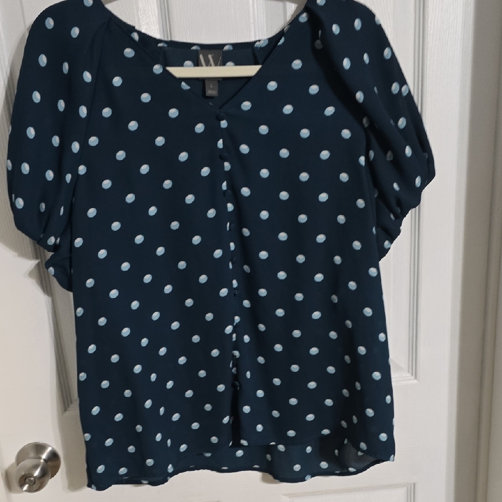 Worthington Navy Blouse with Light Blue Polka Dots